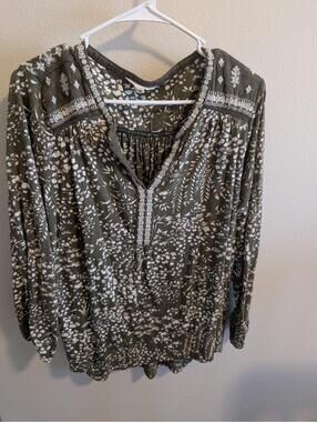 Lucky Brand 1x Olive Green Boho V Neck Blouse Long Sleeve Cottagecore Flowy
